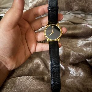Movado Gold and Black Leather Watch